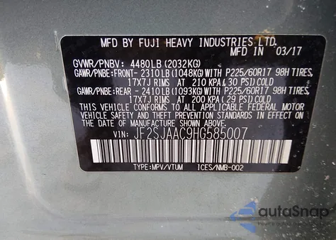 2017 Subaru Forester 2.5I z USA, uszkodzony, nr VIN JF2SJAAC9HG585007